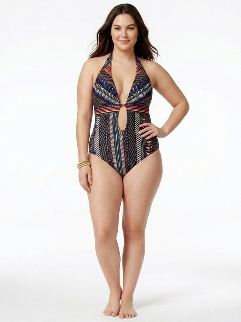Bar III Halter One Piece Swimsuit Geometric Cutout Retro Festival Large